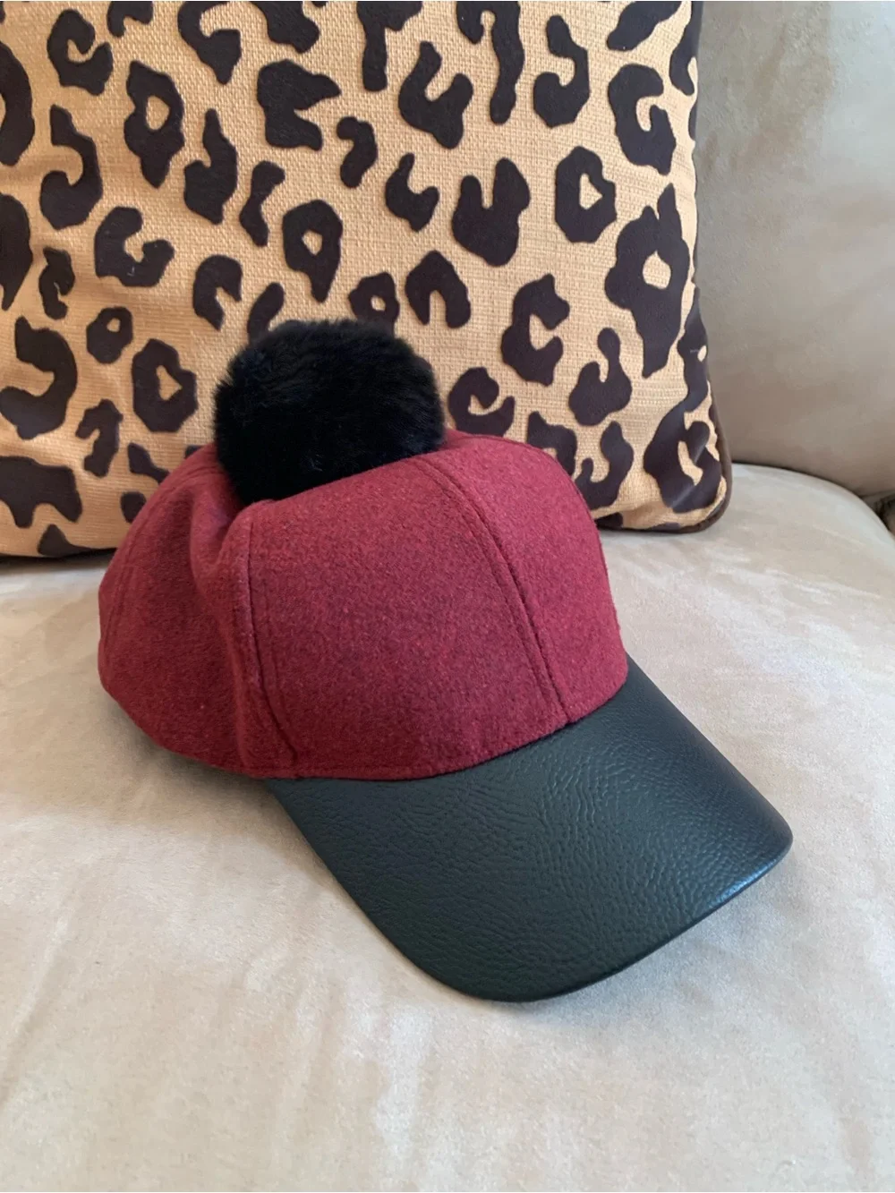 Women’s Burgundy Pom-Pom Hat with Black Visor NWOT!